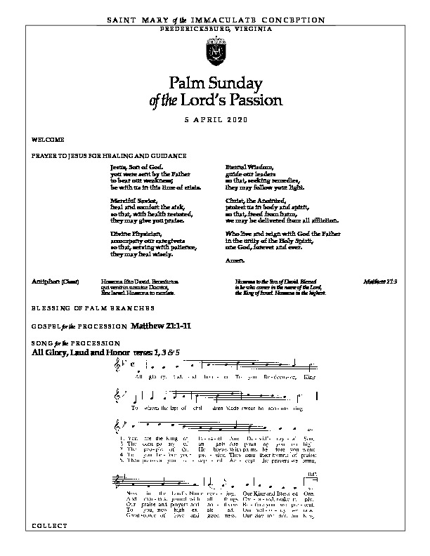 Palm Sunday Bulletin and Gospel to Read Along At Home Saint Mary of